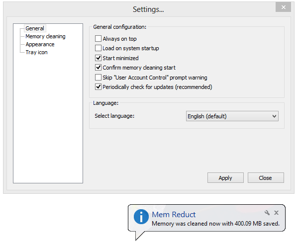 Performance insight panel with auto-clean threshold controls