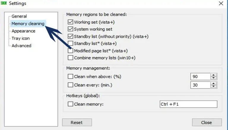 Screenshot of Mem Reduct settings dialog on the Memory cleaning tab