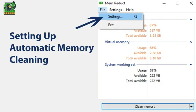Screenshot of Mem Reduct File menu with Settings entry selected
