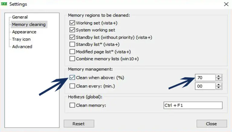 Screenshot showing automatic cleanup enabled at seventy percent RAM usage